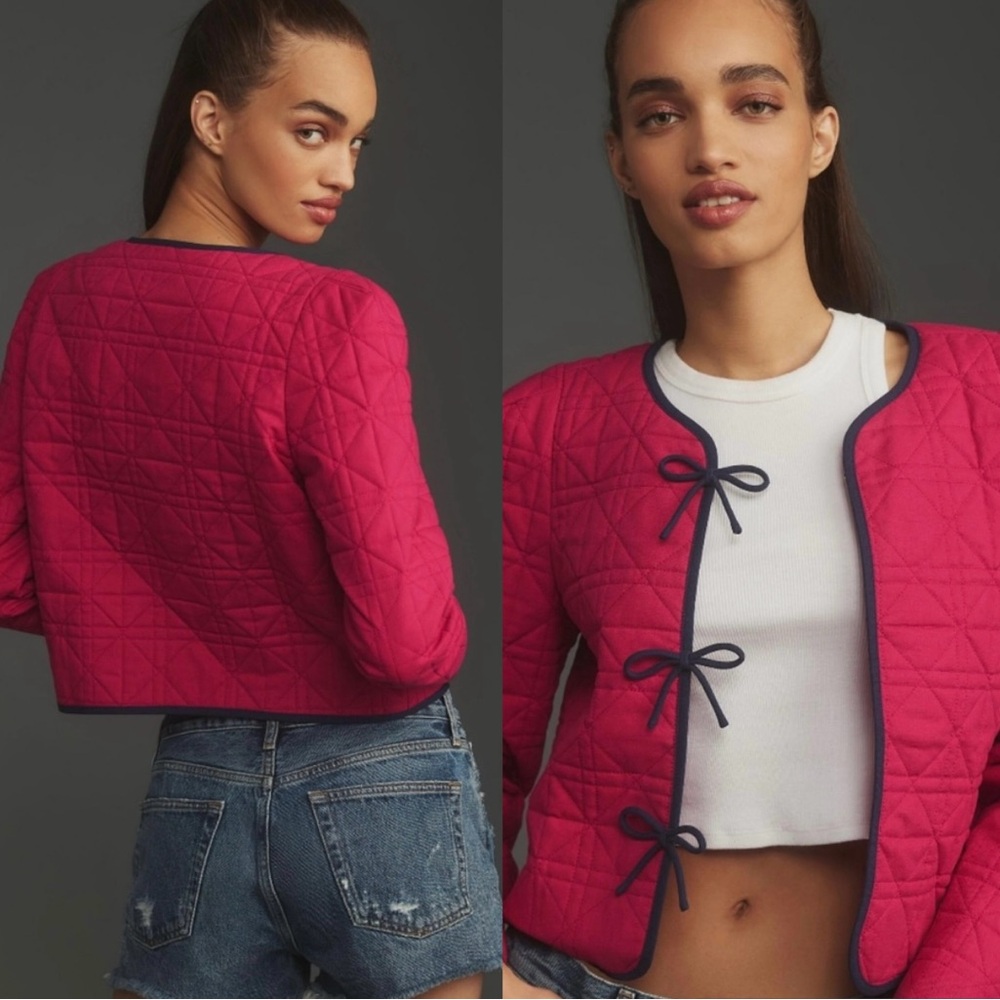 NWT $138 Anthropologie x DOLAN Pink Bow-Front Linen Quilted Lady Jacket S